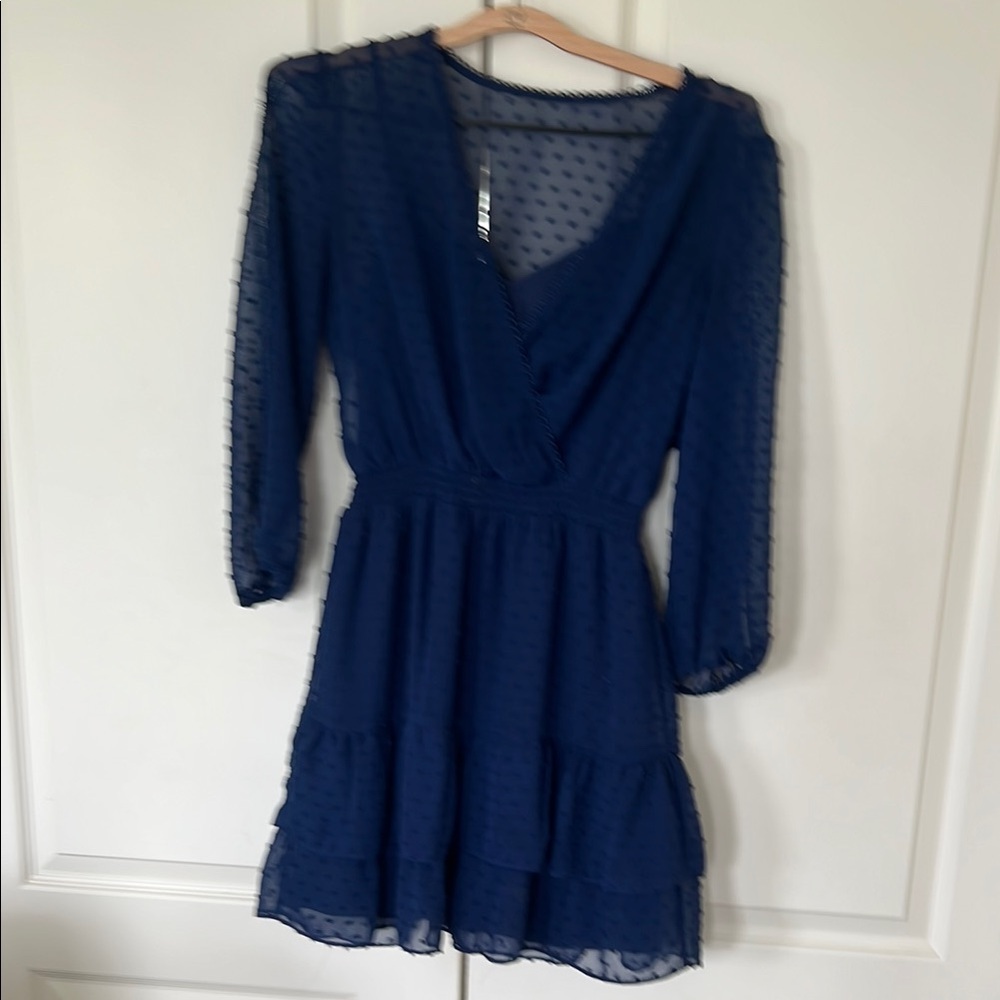 Navy Blue Wrap Sundress with Bishop Sleeves for Weddings